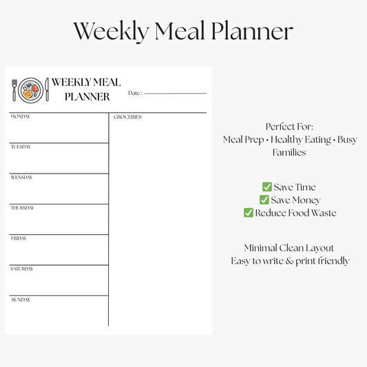 Ultimate Weekly Meal Planner Printable PDF | Undated Meal Plan Template + Grocery List + Date Section | Minimal Meal Prep Planner | Instant Download