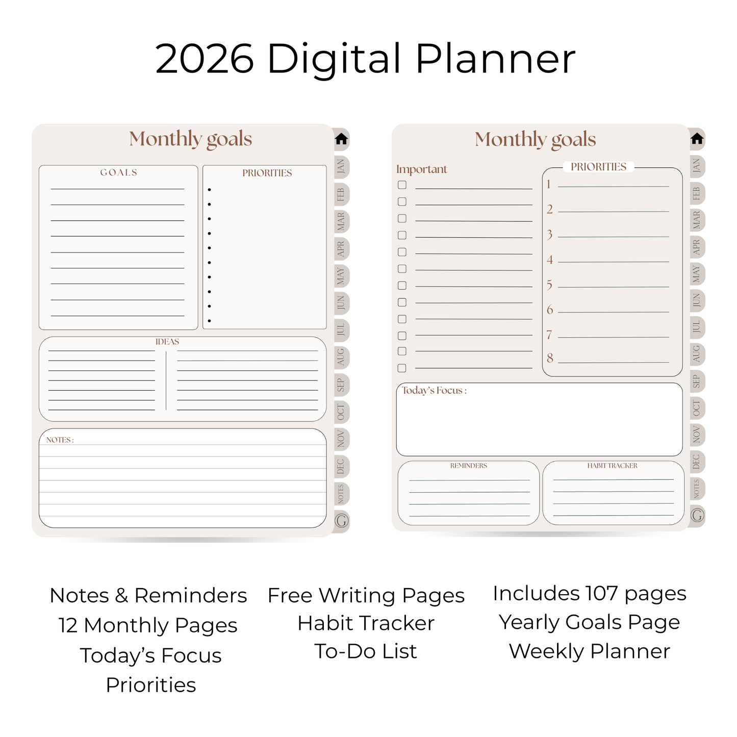 2026 Digital Planner — Yearly, Monthly & Weekly
