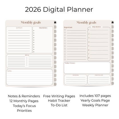 2026 Digital Planner — Yearly, Monthly & Weekly