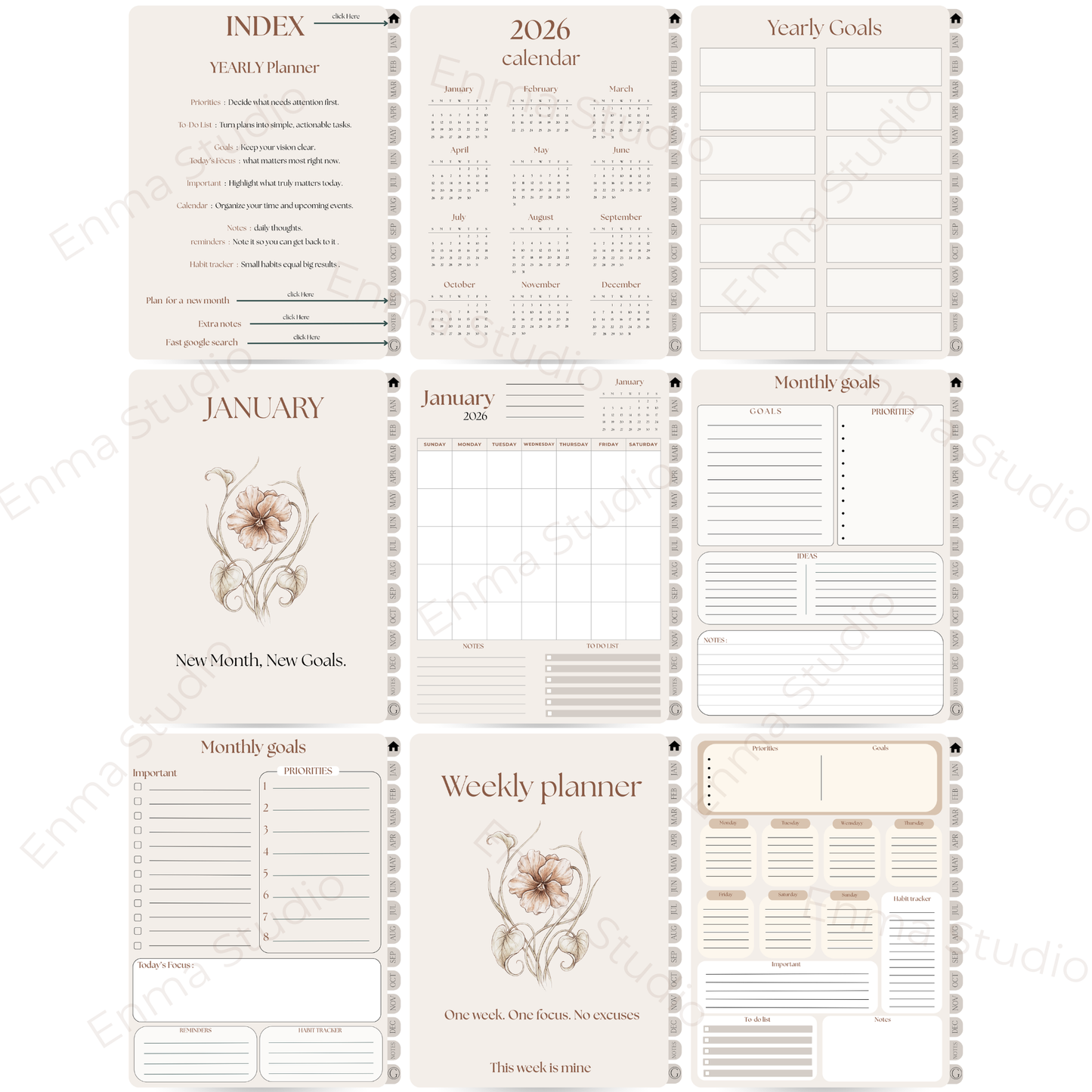 2026 Digital Planner — Yearly, Monthly & Weekly