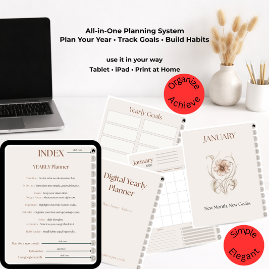 2026 Hyperlinked Digital Planner – Yearly, Monthly & Weekly Planner with Habit Tracker