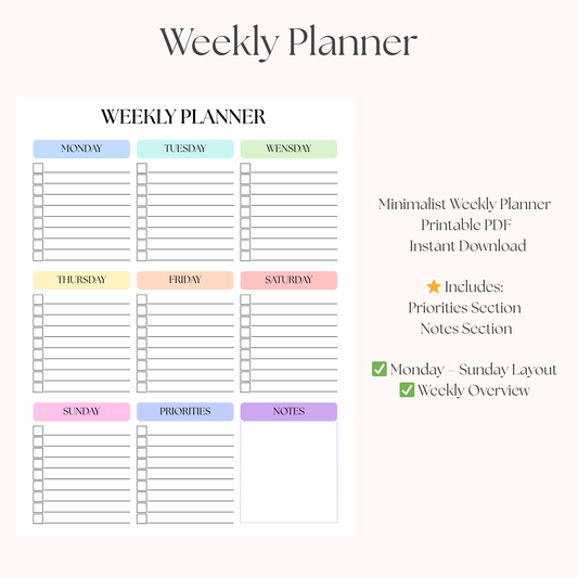 Minimalist Weekly Planner Printable PDF | Weekly Schedule + Priorities & Notes | Instant Download