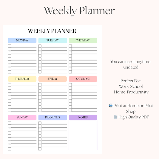 Minimalist Weekly Planner Printable PDF | Weekly Schedule + Priorities & Notes | Instant Download