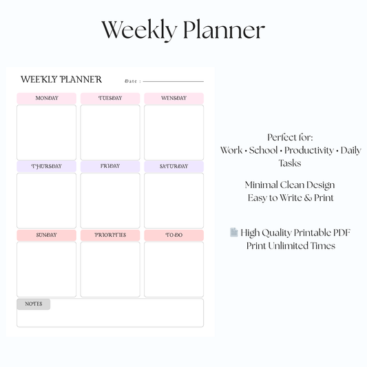 Printable Weekly Planner Template (PDF) | To-Do + Priorities + Notes | Undated