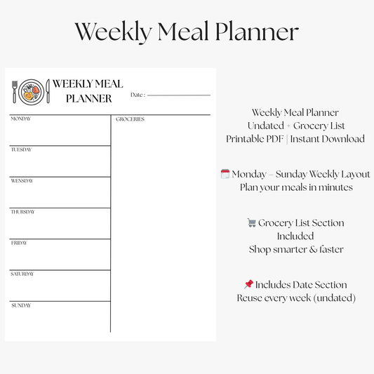 Ultimate Weekly Meal Planner Printable PDF | Undated Meal Plan Template + Grocery List + Date Section | Minimal Meal Prep Planner | Instant Download
