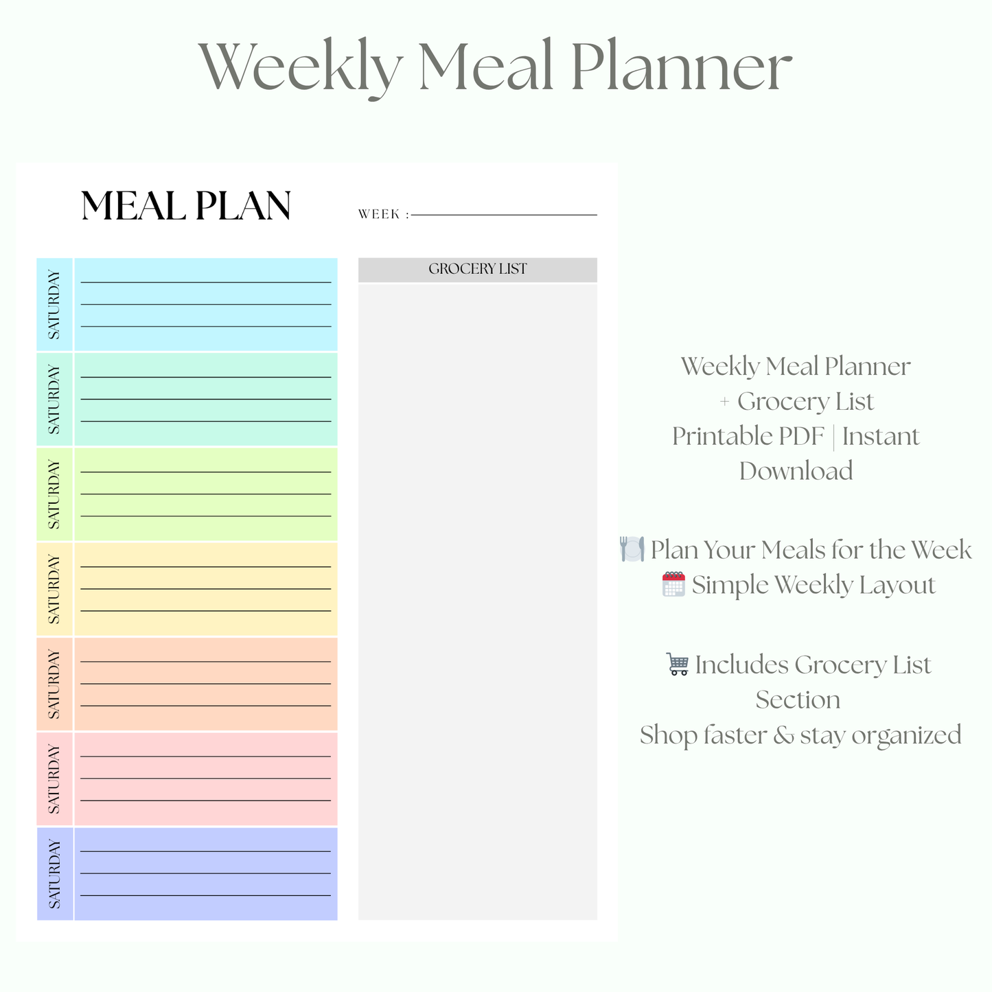 Meal Planner + Grocery List PDF