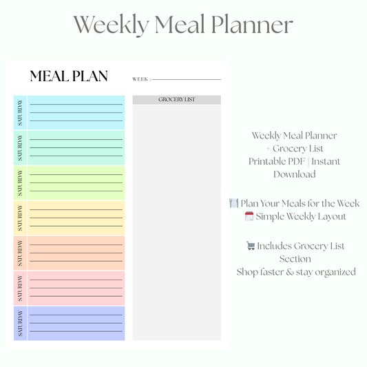Weekly Meal Planner Printable PDF | Meal Plan + Grocery List Template | Minimalist Kitchen Planner | Instant Download