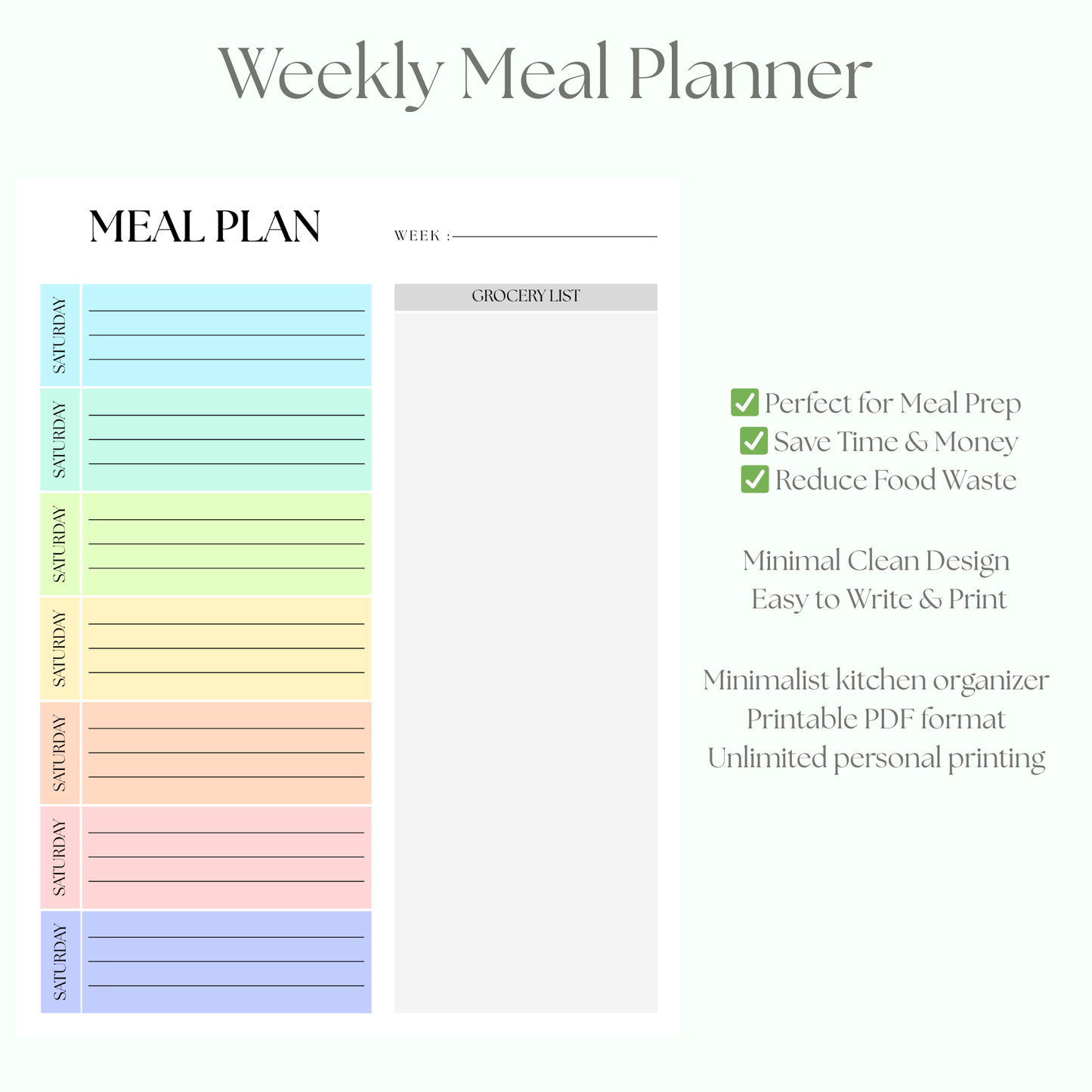 Meal Planner + Grocery List PDF
