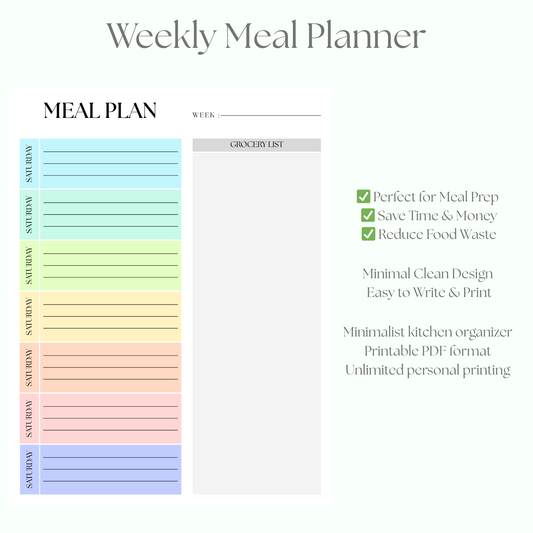 Weekly Meal Planner Printable PDF | Meal Plan + Grocery List Template | Minimalist Kitchen Planner | Instant Download