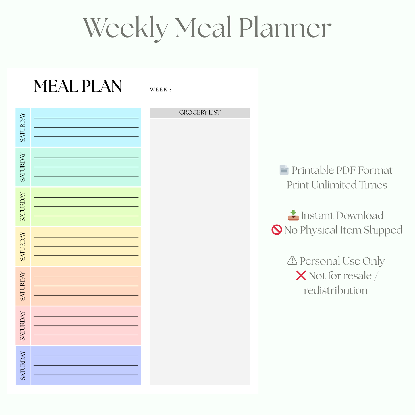 Meal Planner + Grocery List PDF