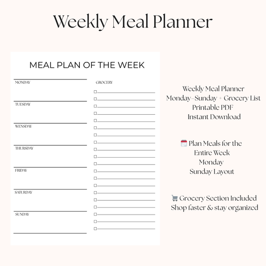 Weekly Meal Planner Printable PDF | Monday–Sunday Meal Plan + Grocery List | Minimal Meal Prep Planner | Instant Download