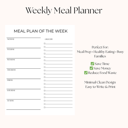 Weekly Meal Planner Printable PDF | Monday–Sunday Meal Plan + Grocery List | Minimal Meal Prep Planner | Instant Download