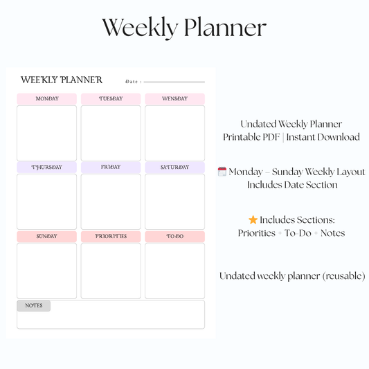 Printable Weekly Planner Template (PDF) | To-Do + Priorities + Notes | Undated