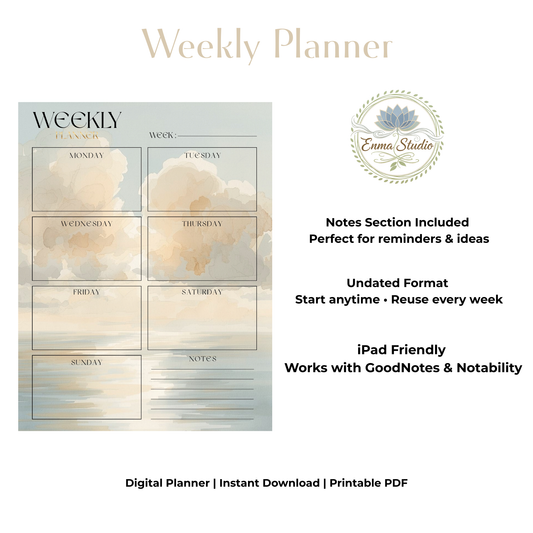 Undated Digital Weekly Planner PDF | Minimal Weekly Organizer | Weekly Schedule + Notes Page | Printable iPad GoodNotes Planner