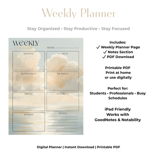Undated Digital Weekly Planner PDF | Minimal Weekly Organizer | Weekly Schedule + Notes Page | Printable iPad GoodNotes Planner