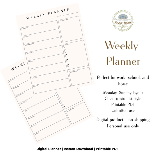 Minimalist Weekly Planner Printable PDF | Undated Weekly Schedule | To Do List, Priorities & Notes | Instant Download
