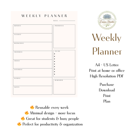 Minimalist Weekly Planner Printable PDF | Undated Weekly Schedule | To Do List, Priorities & Notes | Instant Download