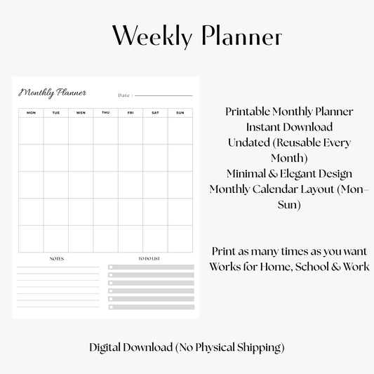 Simple Monthly Planner Printable | Minimal Calendar + To-Do List & Notes | Undated PDF Planner