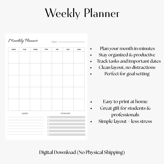 Simple Monthly Planner Printable | Minimal Calendar + To-Do List & Notes | Undated PDF Planner