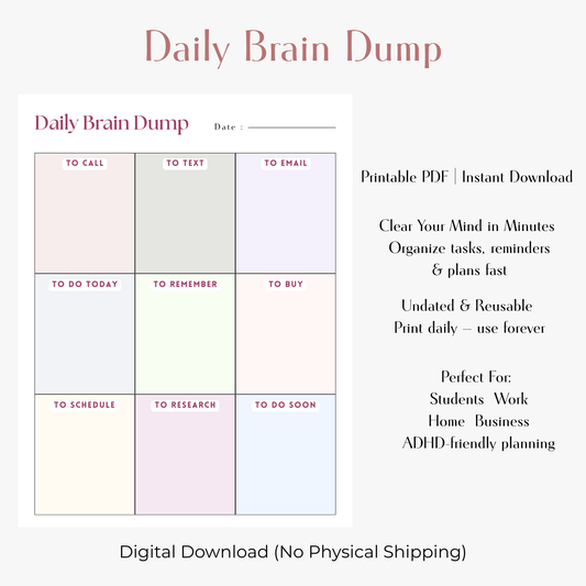 Daily Brain Dump Printable Planner | Minimal To-Do List & Task Organizer | Undated Productivity Worksheet PDF