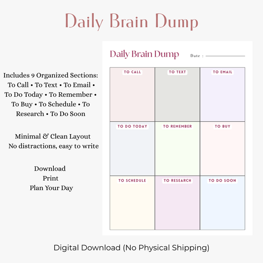 Daily Brain Dump Printable Planner | Minimal To-Do List & Task Organizer | Undated Productivity Worksheet PDF