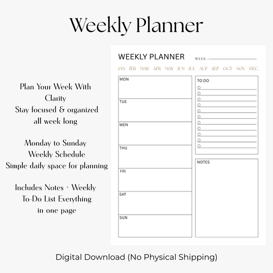 Minimal Weekly Planner Printable | Undated Weekly Schedule + Notes & To-Do List | Clean Productivity PDF Download