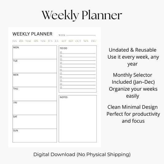 Minimal Weekly Planner Printable | Undated Weekly Schedule + Notes & To-Do List | Clean Productivity PDF Download
