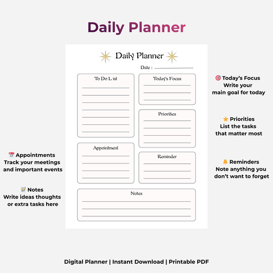 Digital Daily Planner | Reusable Productivity Planner | To Do List, Priorities & Notes | iPad GoodNotes PDF | Instant Download