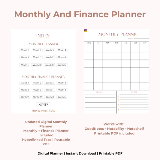Undated Digital Monthly Planner PDF | Monthly Overview + Finance Planner | Hyperlinked Tabs | iPad GoodNotes Planner + Notes Pages