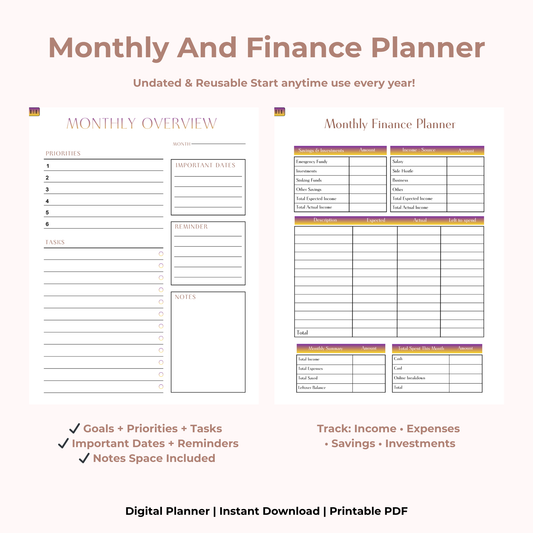 Undated Digital Monthly Planner PDF | Monthly Overview + Finance Planner | Hyperlinked Tabs | iPad GoodNotes Planner + Notes Pages