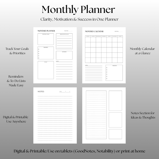 Monthly Digital Planner – Goals, Priorities, To-Do Lists & Notes | Printable & Tablet Friendly