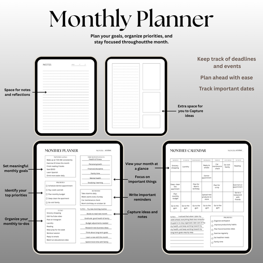 Monthly Digital Planner – Goals, Priorities, To-Do Lists & Notes | Printable & Tablet Friendly